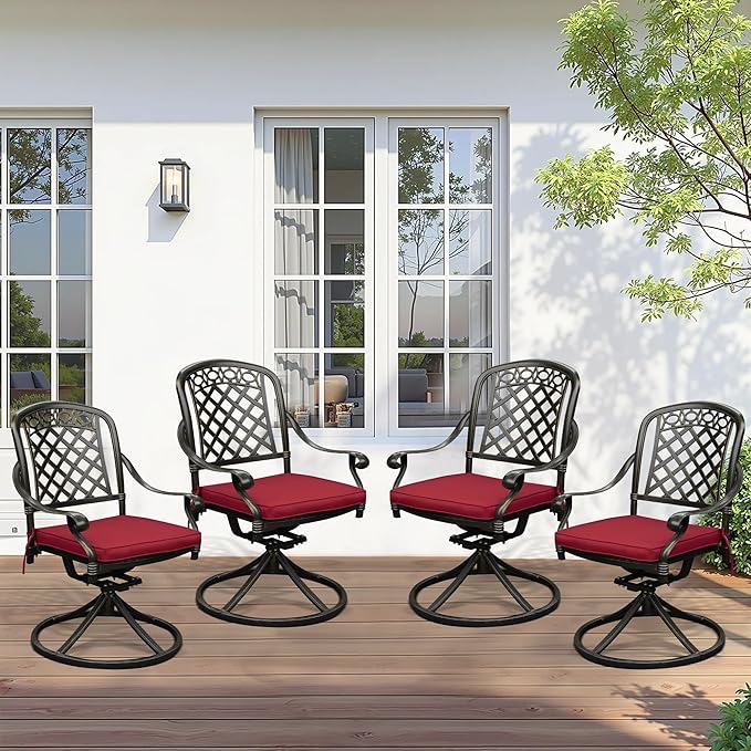 Set of 4 Cast Aluminum Patio Chairs with Cushions, All-Weather Aluminum Outdoor Swivel Chairs, Metal Outdoor Rocking Chairs for Backyard, Poolside and Bistro (Red, 4 Pieces)