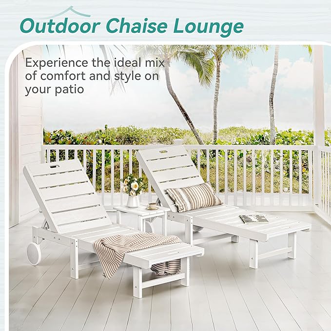 Outdoor Chaise Lounge Chairs Set of 2, 2-Piece, 26.8” Super Wide Lounge Chair Outdoor, HDPS Pool Chairs with 5 Positions, Patio Lounge Chair with Wheels for Pool,Lawn,Backyard, White