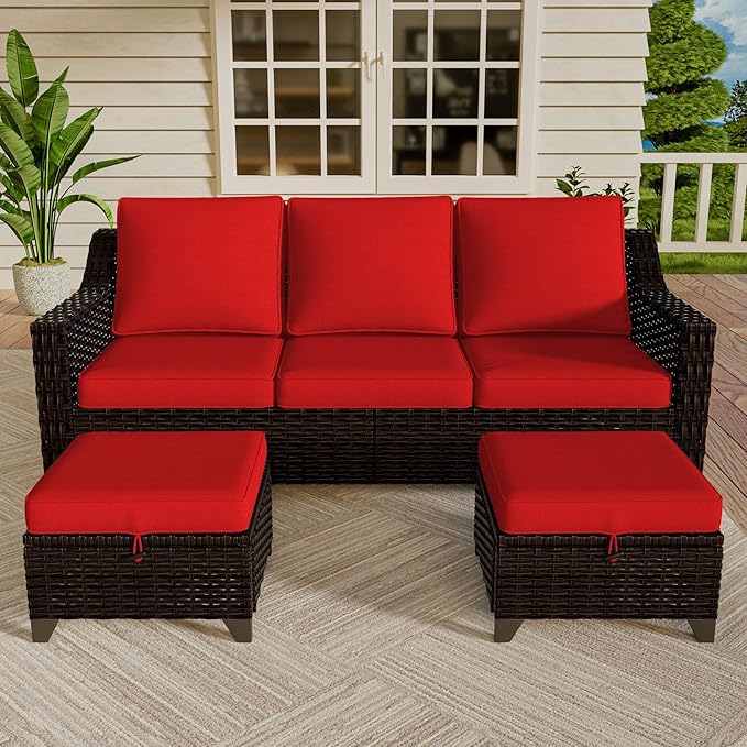 Vista Vibe 3 Pieces Outdoor Patio Conversation Furniture Set - 78" 3-seat Sofa | 2 Wicker Ottomans, Deep Seat Loveseat with Removable Cushions, Hand-Woven PE Rattan Couch, Lawn (Brown/Red)
