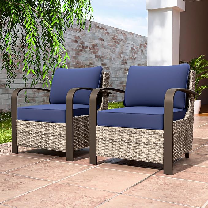 COOS BAY Aurora Terrace Outdoor Chairs with Cushions, Wicker Dining Set with Deep 4-Inch Seating, Modern Curved Armrest Porch Chairs, Set of 2, Beige/Blue