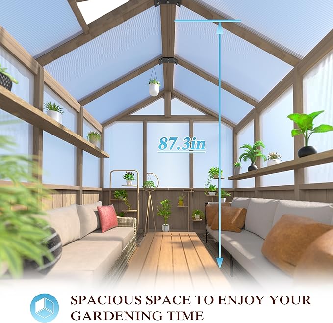 8x14 FT Outdoor Greenhouse Kit, Wooden Greenhouses for Outdoors Walk-in Green House with 6MM Thick Polycarbonate Panel & Adjustable Roof Vents, Backyard Garden, Light Mocha Brown