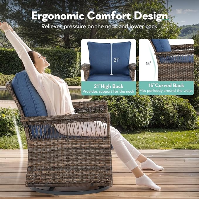 Outdoor Swivel Glider Chairs - 3 Pieces Hollow Widen Armrests Wicker Patio Furniture Set with Side Table, High Back Outside Swivel Rocker for Balcony Porch Deck and Yard - Brown/Blue
