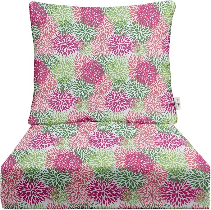 RSH DECOR Deep Seating Cushion with Pillow Back | 23” x 25” Seat | Water and Fade-Resistant Spun Fabric | Outdoor Chair Cushion Set for Patio Furniture | Floral Blooms Harmony Pink