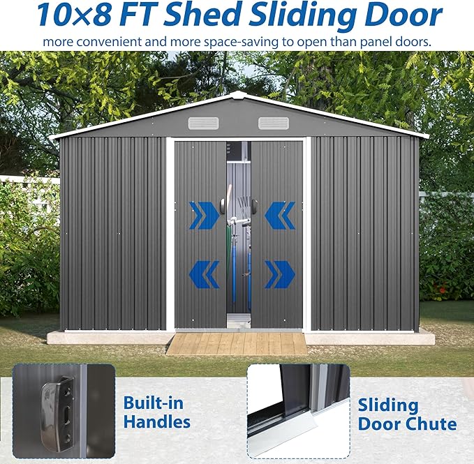 Favfurish Outdoor Storage Shed 10x8 FT with Lockable Sliding Doors,Metal Waterproof Tool Sheds W/Sloped Roof and Vent,for Backyard,Patio,Lawn,Grey