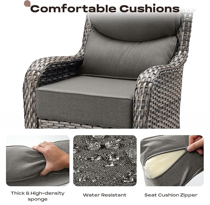 Rilyson Wicker Outdoor Patio Furniture Set - 4 Piece Patio Conversation Set with Swivel Rocker Chairs and Ottomans, 6 inch Cushions, High Back, Deep Seating, for Porch Deck Garden Mixed Grey/Grey