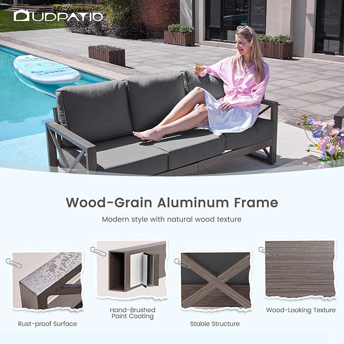 UDPATIO 5 Piece Aluminum Patio Furniture Set Faux Wood Grain Modern Outdoor Furniture Set with 6" Olefin Fabric Cushions and Coffee Table, 600D Waterproof Cover Included, Dark Grey