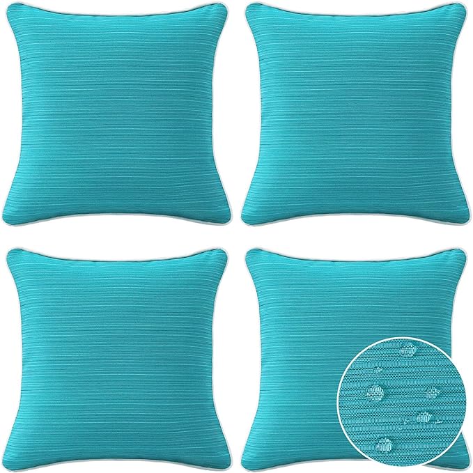 Decorative Outdoor Water Repellent Throw Pillows with Inserts, Set of 4, 16" x16" Pillows for Patio, Backyard, Bed, Couch, and Patio Furniture, Turquoise