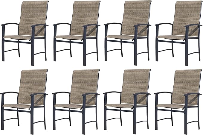 Outdoor Dining Chairs Set of 8, Stackable Patio Chairs with Metal Frame & Textilene Fabric, Perfect for Patio Garden Deck, Mocha
