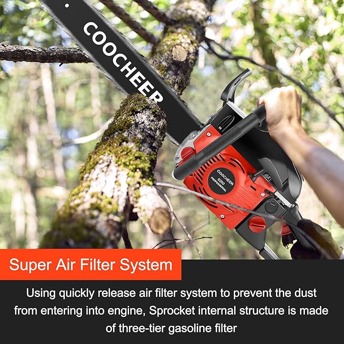 COOCHEER 20 Inch Gas Chainsaw, 62cc Gas Powered Chainsaws 3.5HP 2-Cycle Petrol Handheld Gasoline Chain Saw for Tree Wood Cutting, 2 Chains Included