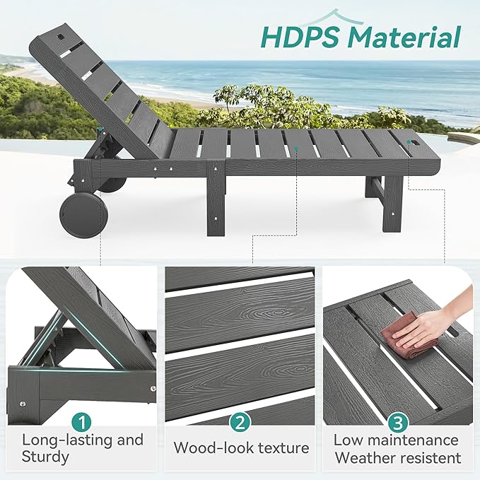 Outdoor Chaise Lounge Chairs with Table, 3-Piece, 26.8” Super Wide Lounge Chair Outdoor, HDPS Pool Chairs with 5 Positions, Patio Lounge Chair with Wheels for Pool,Lawn,Backyard, Dark Gray
