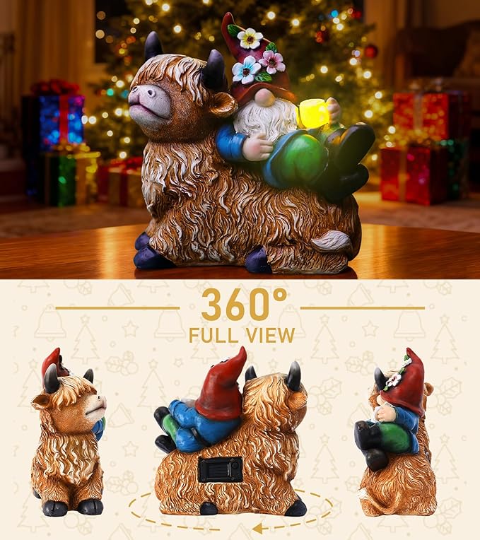 Garden Gnomes Decor Outdoor Statues Gnome on Highland Cow Hold Solar Cup Light Outdoor Decorations for Patio,Yard and Gift for Mom