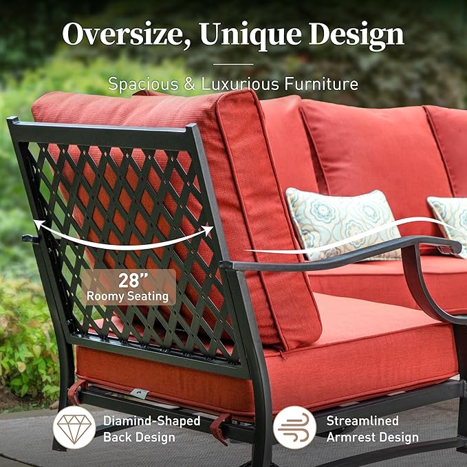7 Piece Metal Outdoor Patio Furniture Set, Patio Conversation Sets 1 3-Seater Sofa, 2 Fixed Chairs, 2 Swivel Chairs, 2 Ottomans with 5.75" Thick Cushion, Black Backyard Furniture, Red