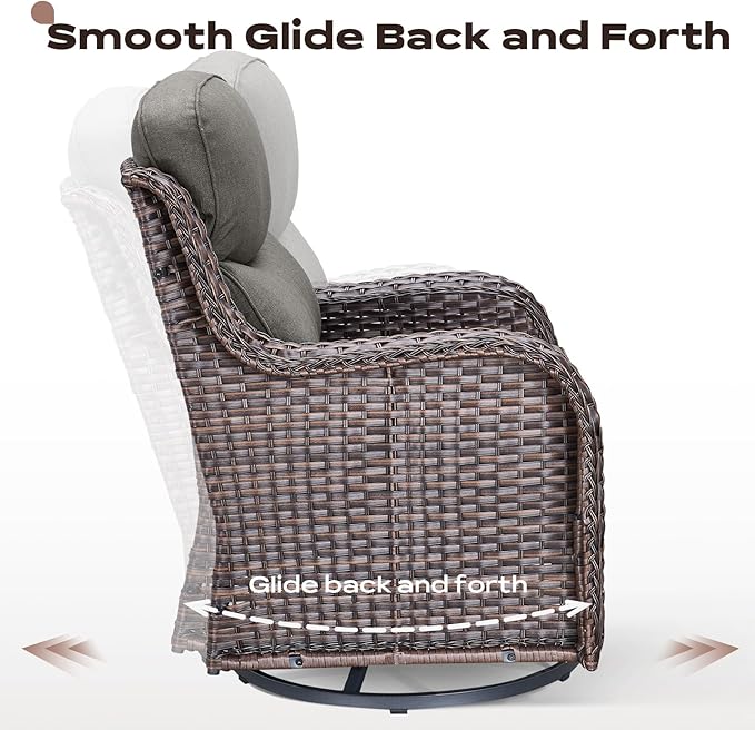 Rilyson Wicker Outdoor Patio Furniture Set - 5 Piece Patio Conversation Sets with Swivel Rocker Chairs, Ottomans and Sofa, 6 inch Cushions, Waterproof Wicker, for Porch Deck Brown/Grey