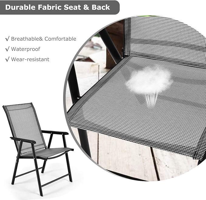 S AFSTAR Patio Chairs Set of 2, Outdoor Foldable Sling Chairs with Armrests, Folding Outdoor Chairs for Lawn Garden Backyard Poolside Porch (Gray)