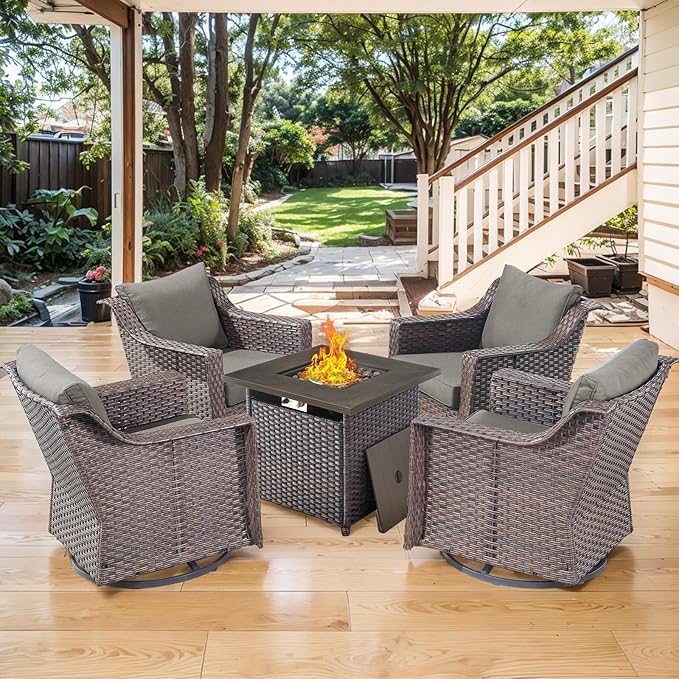 Outdoor Patio Wicker Swivel Chairs - Set of 4 Outside Rattan Rocker Glider Chair Rocking Armchairs for Front Porch Balcony Backyard Yard Deck Poolside Apartment – Brown/Grey