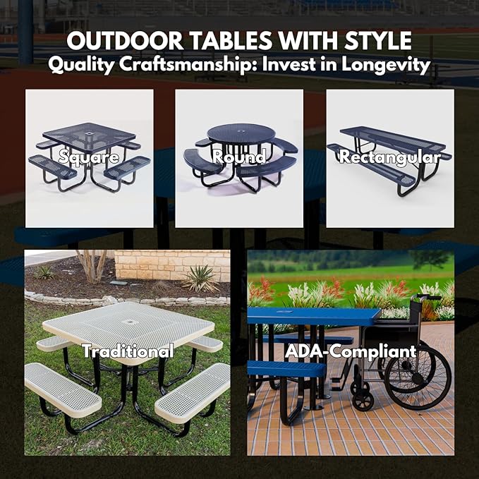 COATEDOUTDOORFURNITURE Heavy-Duty Portable Outdoor Picnic Table with Umbrella Hole, Punched Steel Commercial-Grade Patio Dining Furniture Made in America (46" Square Top, Textured Sandstone)