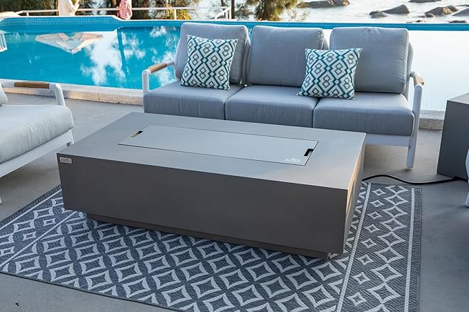 AMS Creations | Madison 60" Bundle Rectangular Propane Gas Outdoor Fire Pit Table | Light Gray Concrete GFRC | Smooth Texture or Surface | Electronic Ignition | Outside Backyard Fireplace