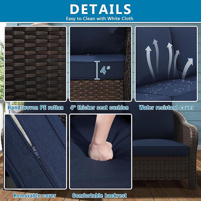 Vista Vibe Outdoor Patio Deep Seat Chairs Set of 2, Washable Cushions, Hand-Woven PE Rattan, All-Weather & Steel Frame, Garden, Bistro, Deck, Yard (Navy)