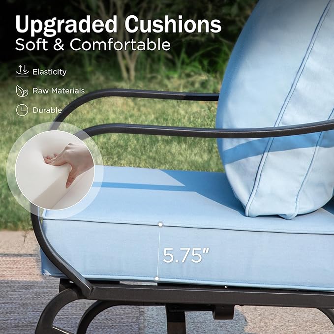 PHI VILLA 5 PCS Patio Furniture Set,Metal Deluxe Patio Set with 1 x 3 Seater Deep Seating Bench, 2 x Swivel Sofa Chairs & 2 x Metal Cushioned Ottoman, Outdoor Patio Set for Garden, Light Blue