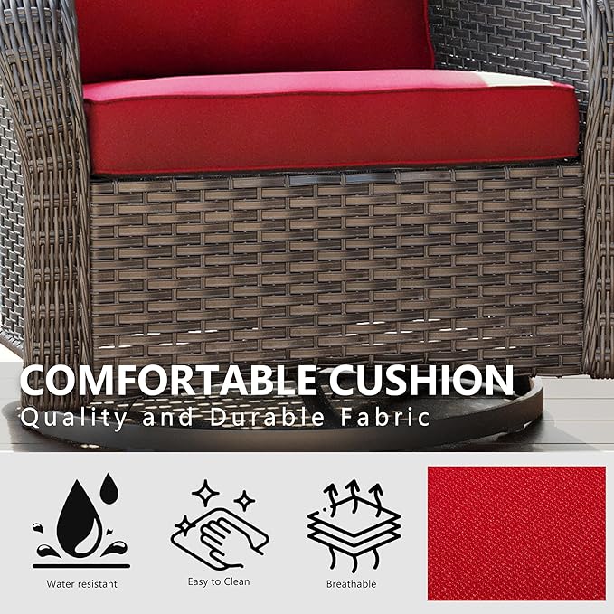 Wicker Swivel Rocking Chairs Set 2, Outdoor Brown Wicker Swivel Glider Chair Outdoor Rocking Chair with Water-Resistant Cushions, Red