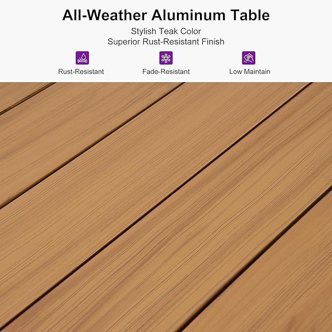 PURPLE LEAF 9 Pieces Patio Dining Set Wicker Outdoor Furniture Rectangular Table and Chairs Set for Garden Deck Teak-Finish Aluminum Frame Backyard Kitchen Set, Cushions and Pillows Included