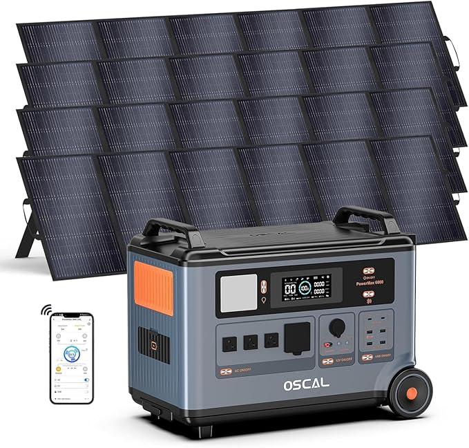 OSCAL 6000W Solar Generator(2025 New),120V/240V Split Phase Voltage Portable Power Station PowerMax 6000 with 4×500W Panel, 4 * 6000w AC Output (9000W Surge),2400W MPPT Solar for Emergency 999
