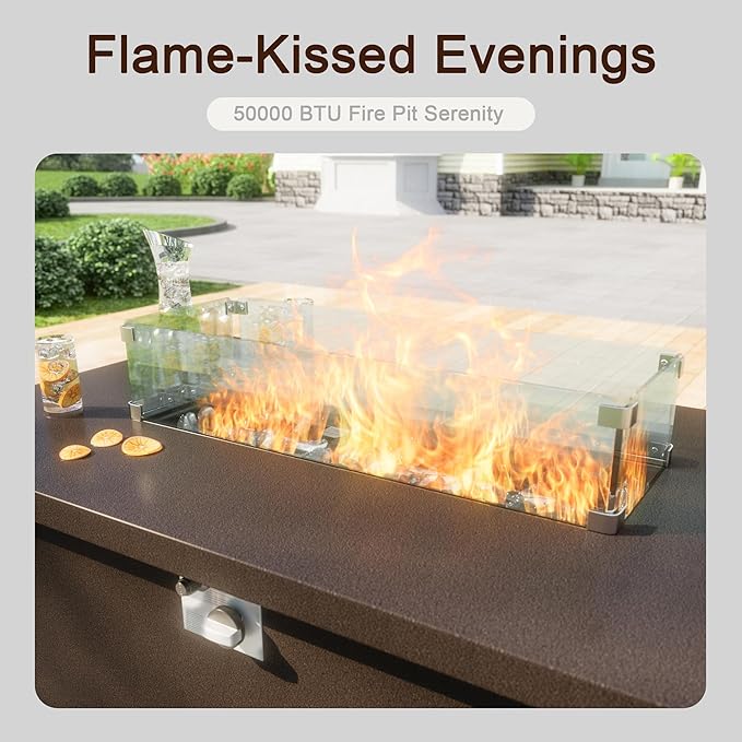 5 Pieces Modern Patio Furniture Set, All Weather Metal Outdoor Conversation Sets with Fire Pit Table for Backyard Garden Deck Porch Poolside, Blue