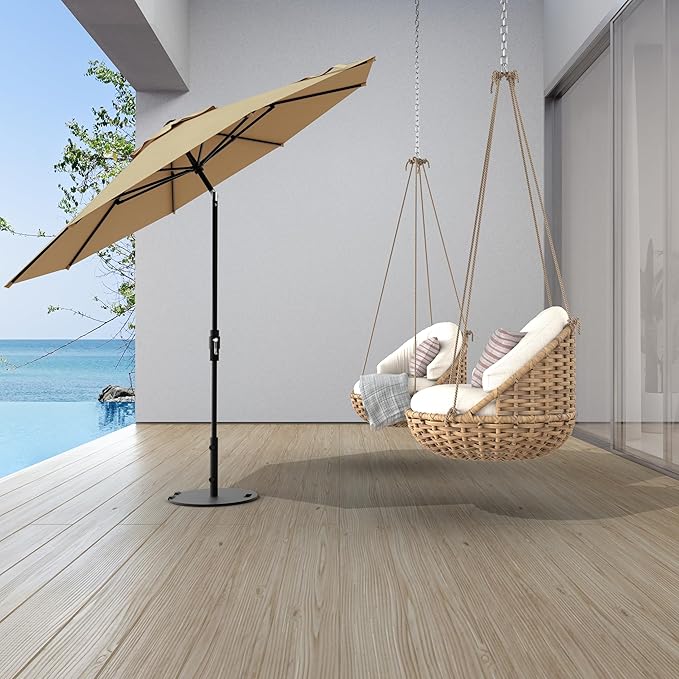Midtown Umbrellas The Swilt 10 Feet Patio Umbrella in Sunbrella Heather Tan Acrylic Fabric - Fiberglass Ribs, Auto-Tilt Aluminum Frame For Backyard, Deck, Garden, Pool - White Pole
