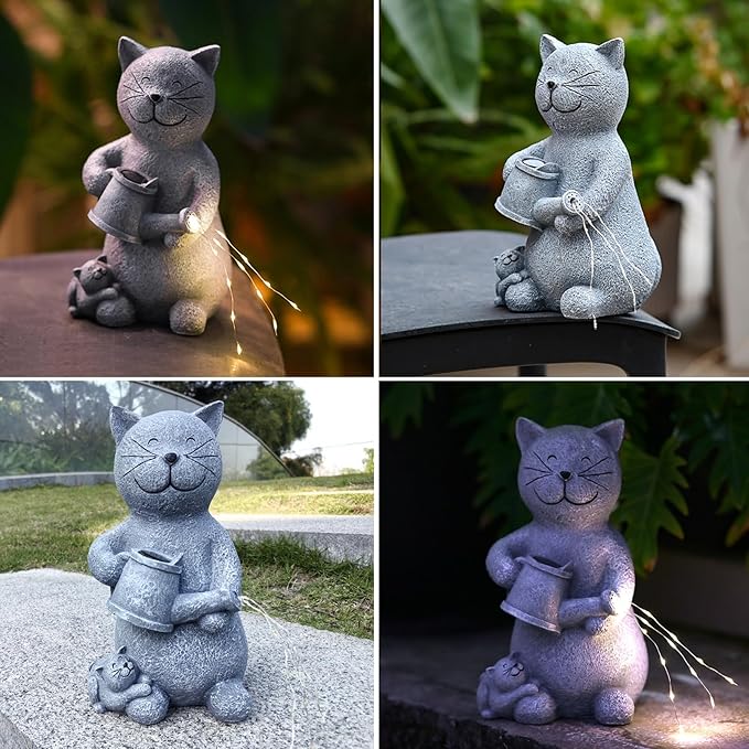 Solar Cat Garden Statues Outdoor Decor with LED Lights Lovely Cat Statue for Patio Balcony Yard Lawn Ornament, Birthday Gardening Gifts for Mom Grandma Women