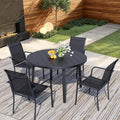 5 Pieces Round Dining Table Set for 4, Patio Dining Set Includes 4 Black Stackable Patio Chairs and 1 Black Round Table, Patio Furniture Sets with Sling Support for Outside, Garden