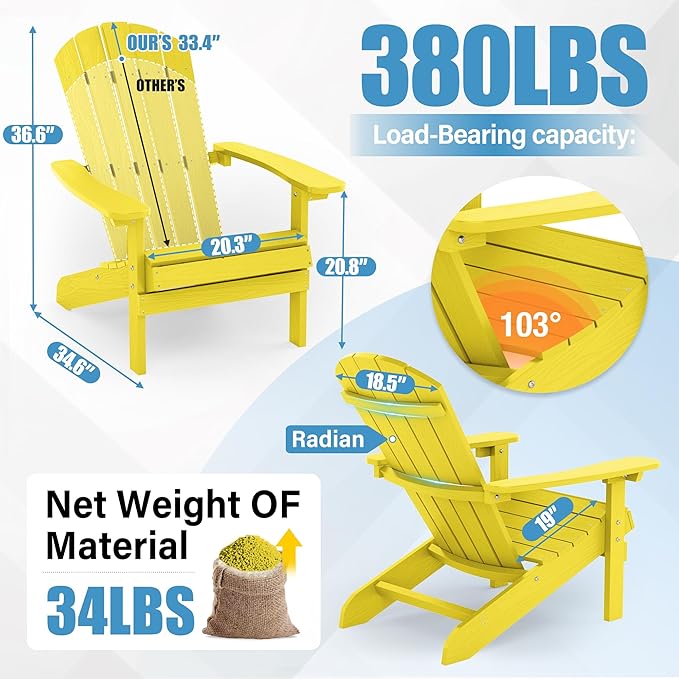 YEFU Adirondack Chairs Set of 2: Plastic Adirondack Chairs - Patio Chairs with Wood Texture - Outdoor Chair HIPS - Lawn Fire Pit Deck Porch Garden Chairs for Adults (Yellow)