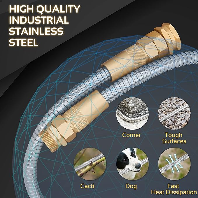 Garden Hose Metal - 100ft Heavy Duty Stainless Steel Water Hose with 8 Function Sprayer & Metal Fittings, Flexible, Lightweight, No Kink, Puncture Proof Hose for Yard, Outdoors, Rv