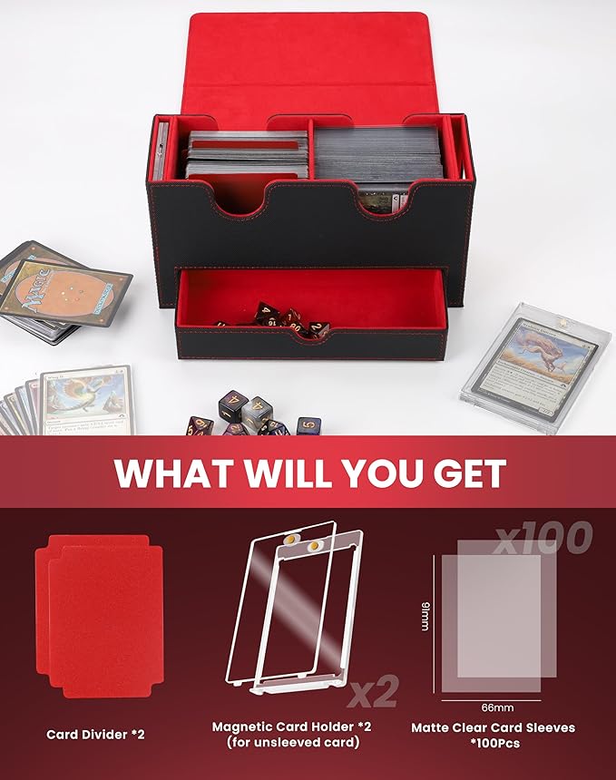 MRAUF MTG Deck Box with Double Commander Display and Dice Tray, Fits 200+ Double Sleeved Cards, Card Storage Box Plus 2 Magnetic Holders& 100Pcs Card Sleeves (Black& Red)