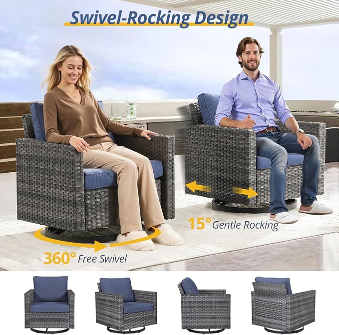 Luxury Outdoor Swivel Rocker Patio Chairs Set of 2, Swivel Patio Chairs for Porch, Yard, Deck, Poolside, Grey/Blue