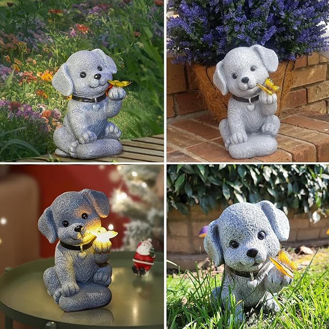 Solar Dog Outdoor Statues Garden Decor with Butterfly LED Lights Dog Statues for Patio Balcony Yard Lawn Ornament, Birthday Gardening Gifts for Mom Grandma Women