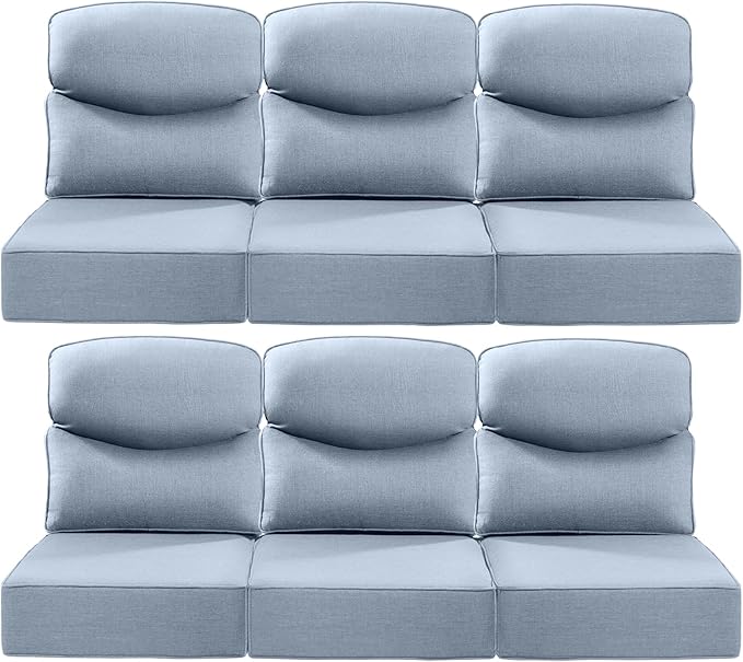 Luxury 24x24x6 Inch Smile Patio Cushions for Outdoor Furniture Set of 6 - Thick Back & Deep Seat Outside Replacement Chair Pillows for Rattan Glider Loveseat Sectional Sofa - Baby Blue