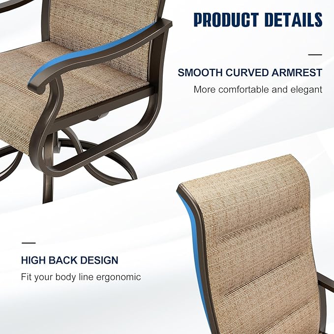 UDPATIO Patio Swivel Dining Chairs Set of 6, Outdoor Swivel Chairs High Back with All Weather Padded Textilene, Metal Rocking Frame for Lawn Garden, Brown