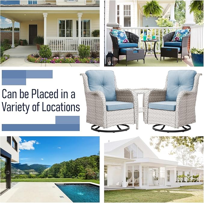 Luxury Wicker Swivel Patio Chairs Set of 3, Outdoor Swivel Rocking Chairs with Side Table, Outdoor Bistro Set for Patio, Porch, Yard, Deck, Poolside, Light Beige/Ligth Blue