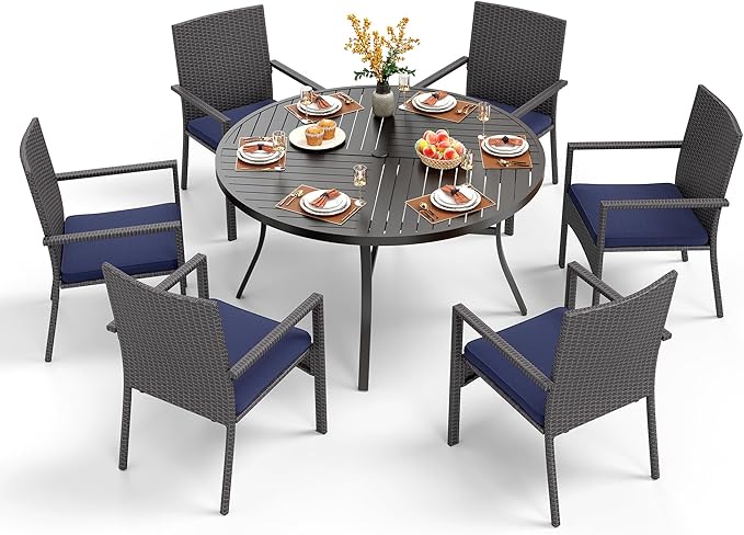 PHI VILLA 7 Pieces Outdoor Round Dining Set for 6, Large Wrought Iron Dining Table with Umbrella Hole & Cushioned Wicker Rattan Chairs, Dining Furniture Set for Patio, Deck, Yard, Porch