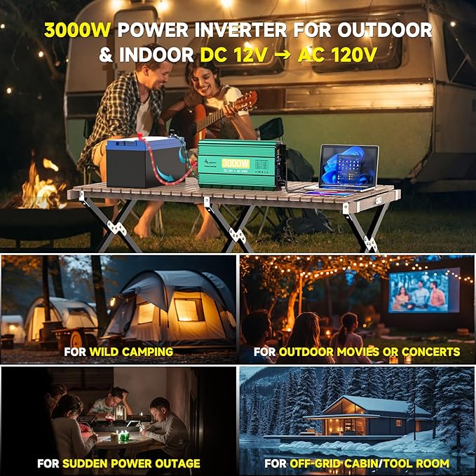 3000 Watt Inverter 12V to 110V/120V 6000W Peak Truck Power Inverter for Vehicles, Modified Sine Wave AC to DC Converter for RV Home with 2 AC Outlets 3.4A USB Port LED Didplay Remote Controller
