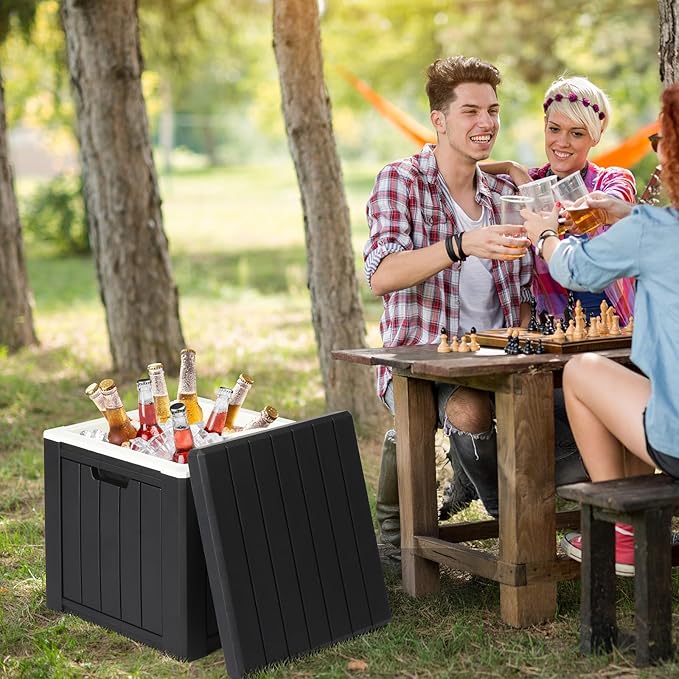 VINGLI 10 Gallon Outdoor Deck Box, Outdoor Patio Deck Box with Built-in Handles, All-Weather Square Storage Container for Garden, Poolside & Balcony (Black)