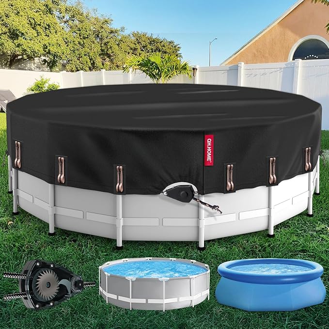 QH.HOME 18 Ft Round Winter Pool Cover with Fast Tightening Patented Ratchet,Pool Covers for Above Ground Pools, One-Piece Tear Resistant Swimming Pool Cover Protector with Upgraded Ultimate Windproof