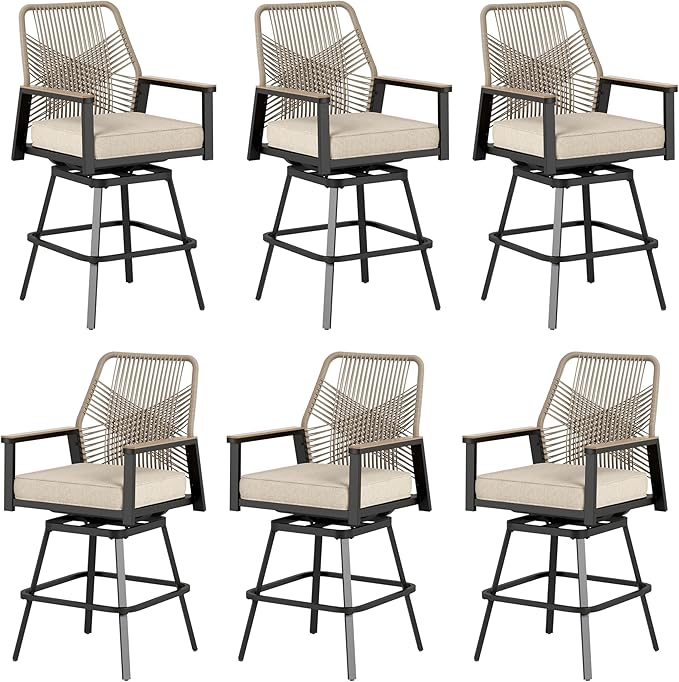 Outdoor Swivel Bar Stools Set of 6, Rattan High Top Patio Chairs with Waterproof Cushion and Armrest, All-Weather Bar Height Furniture for Outside Patio Balcony and Pool, Beige