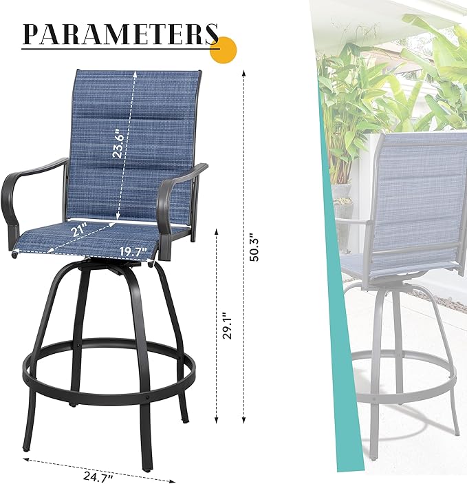 Vongrasig 4 Piece Outdoor Patio Swivel Bar Chairs, All Weather Padded Sling Textile High Top Bar Stools, Bistro Set for Backyard, Lawn Garden, Balcony, Padded Blue