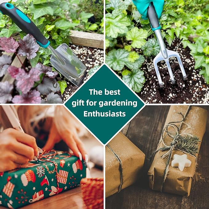 Garden Tool Set, Garden Trowel and Rake, Heavy Duty 3 Piece Gardening Tools, Non-Slip Rubber Grip, Outdoor Hand Tools, Essential Tool Set for Gardening Gifts for Mother Father Men Women Gardeners