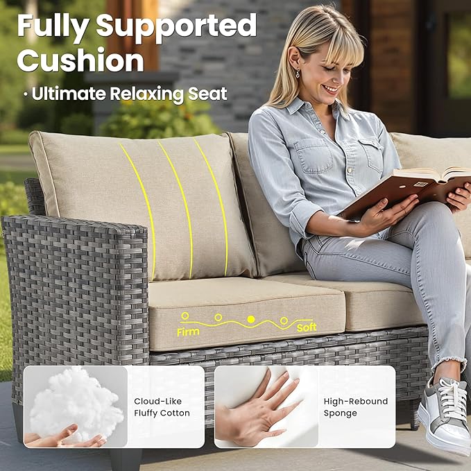 ovios 6 Pieces Patio Furniture Set Outdoor Sofa Couch with Solar Lights Table Comfy Cushions, Modern Deep Seat Wicker Rattan Conversation Set for Porch Deck, Beige