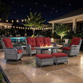 7 Pieces Patio Furniture Set with Fire Pit Table, Wicker Rattan Outdoor Furniture Set with Swivel Rocker Chairs for Yard, Deck, Garden, Grey/Red