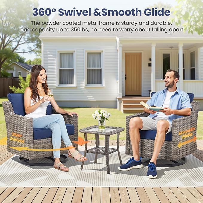 Patio Bistro Set, 5 Piece Wicker Patio Furniture Set with Swivel Rocking Chairs, Side Table, Rattan Ottomans and Comfy Cushions, Patio Conversation Sets for Garden Porch Deck Backyard