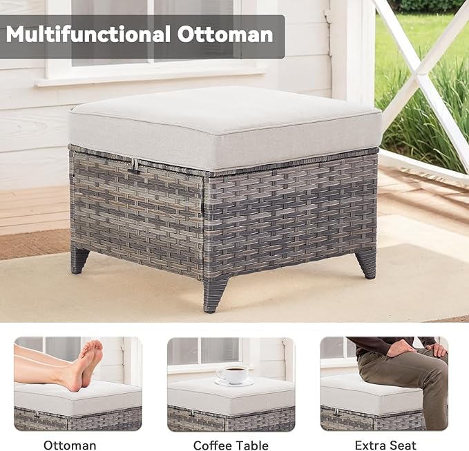 Patio Furniture Set, 9 Pieces Outdoor Wicker Rattan Sofa Couch with Swivel Rocking Chair, Side Table, Ottomans and Comfy Cushions, All Weather Patio Conversation Sets, Suit for Porch Deck