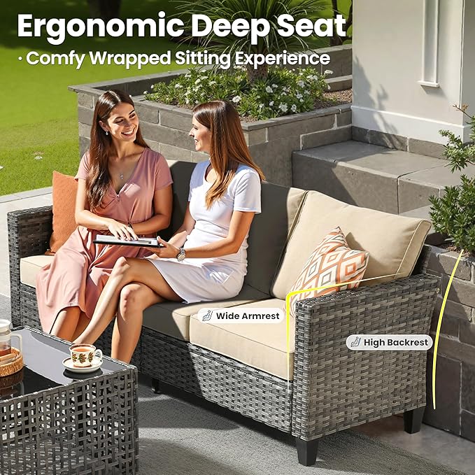 ovios 10 Pieces Patio Furniture Set with Swivel Chairs Rocking Gliders, 54" Fire Pit Table, Outdoor Sofa Couch with Solar Lights Table, Modern Deep Seat Wicker Rattan Conversation Set, Beige